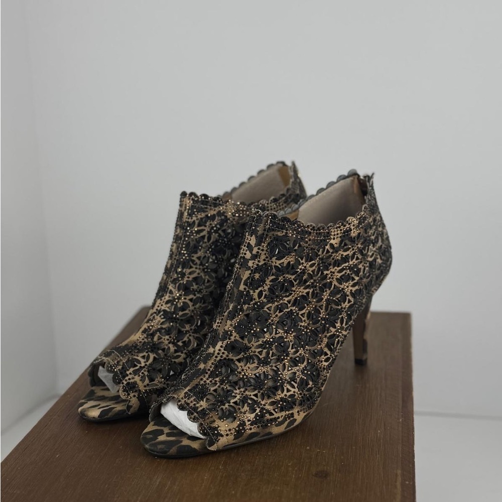 J. Renee Leopard Peep Toe Ankle Booties Studded Cutout Heels Size 10M